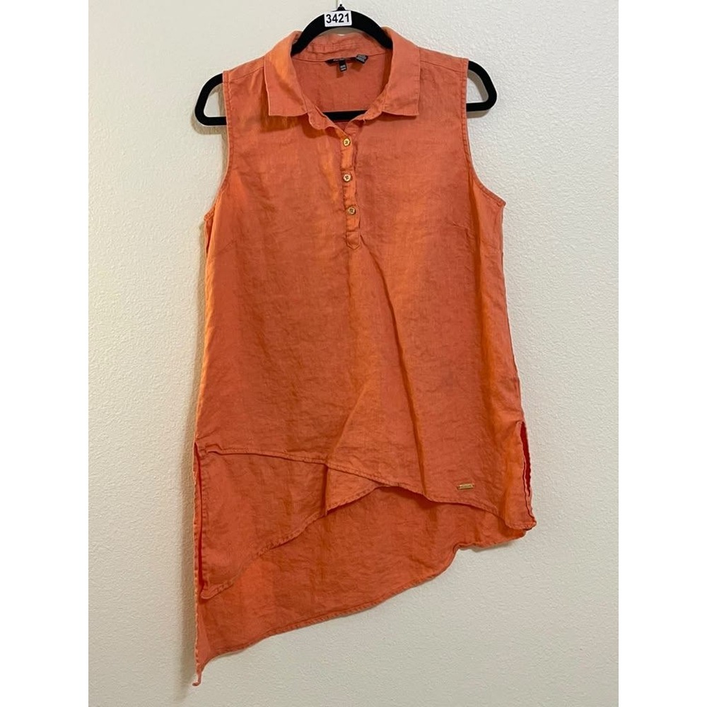 Ellen Tracy Womens Large Coral 100% Linen Sleeveless Asymmetrical Hem Tunic Top